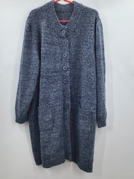 Woman Within Sweaters - Women's 2X Cardigan Sweater Tunic Length Marled Blue Chunky Pockets Lagenlook